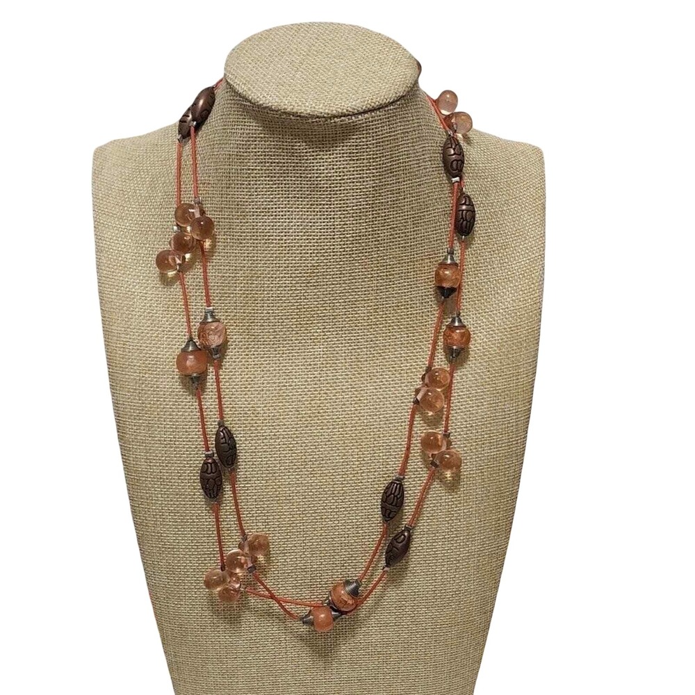 Treska Gypsy Warehouse Long Beaded Necklace Peach Orange Bronze Boho Glass Beads